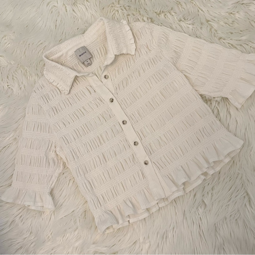 Anthropologie White Ruffled Button-Front Blouse - Picture 4 of 15